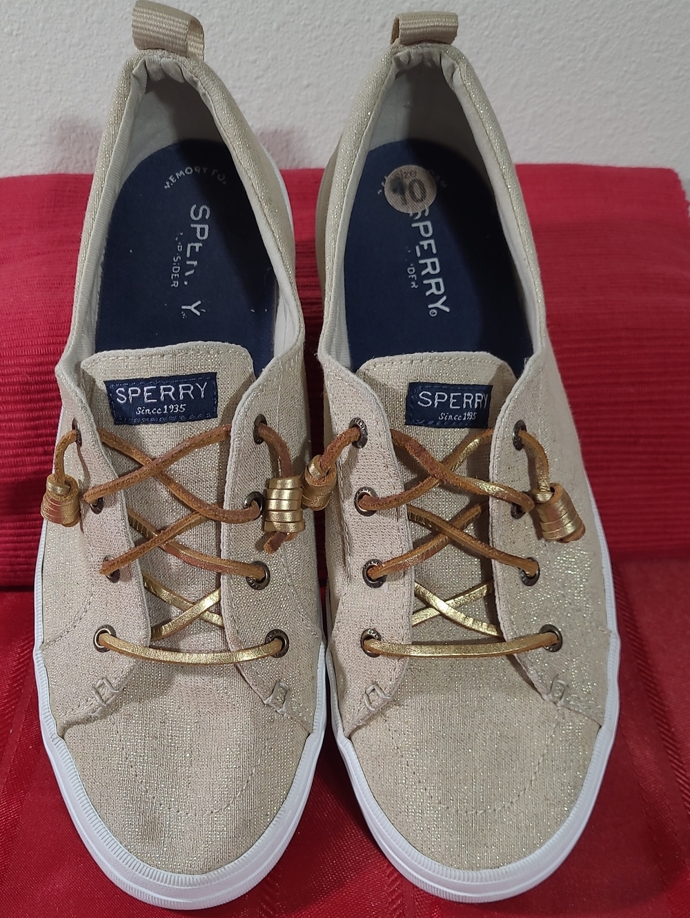 Sperry Women's Beige Linen Gold-Tone Canvas Slip On Sneakers